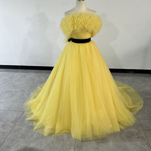 上品！ カナリーイエロー カラードレス ロングトレーン 取り外しオフ