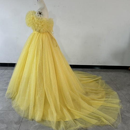 アウトレット★yellow シルククレープドレス 上品！ カナリーイエロー カラードレス ロングトレーン 取り外し