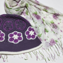 バケットハット＆ストール　紫　コットン100%　春夏　編み物　手編み 2枚目の画像