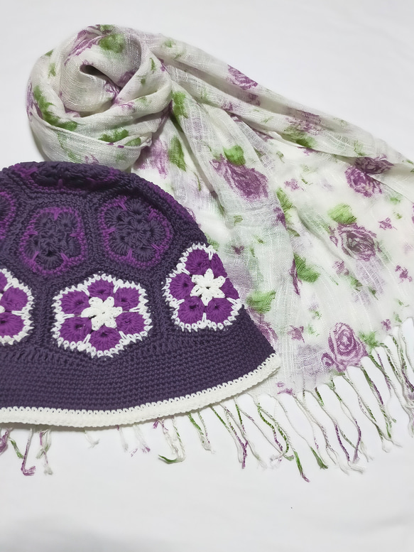 バケットハット＆ストール　紫　コットン100%　春夏　編み物　手編み 2枚目の画像