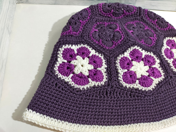 バケットハット＆ストール　紫　コットン100%　春夏　編み物　手編み 12枚目の画像