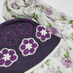 バケットハット＆ストール　紫　コットン100%　春夏　編み物　手編み 1枚目の画像