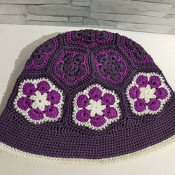 バケットハット　紫①　コットン100% 　手編み　編み物 5枚目の画像