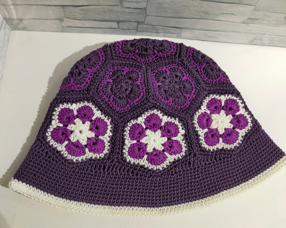 バケットハット　紫①　コットン100% 　手編み　編み物 5枚目の画像