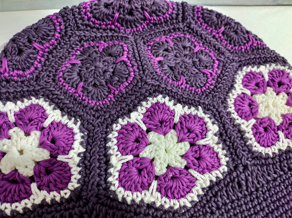 バケットハット　紫①　コットン100% 　手編み　編み物 8枚目の画像