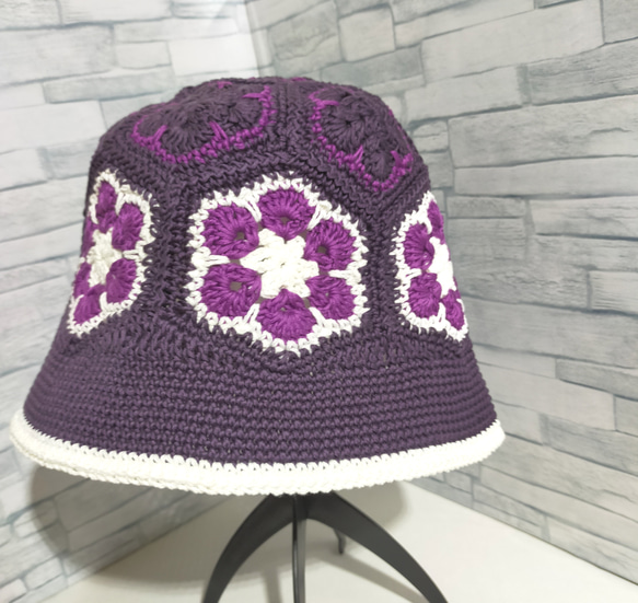 バケットハット　紫①　コットン100% 　手編み　編み物 2枚目の画像