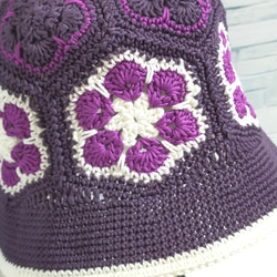 バケットハット　紫①　コットン100% 　手編み　編み物 3枚目の画像