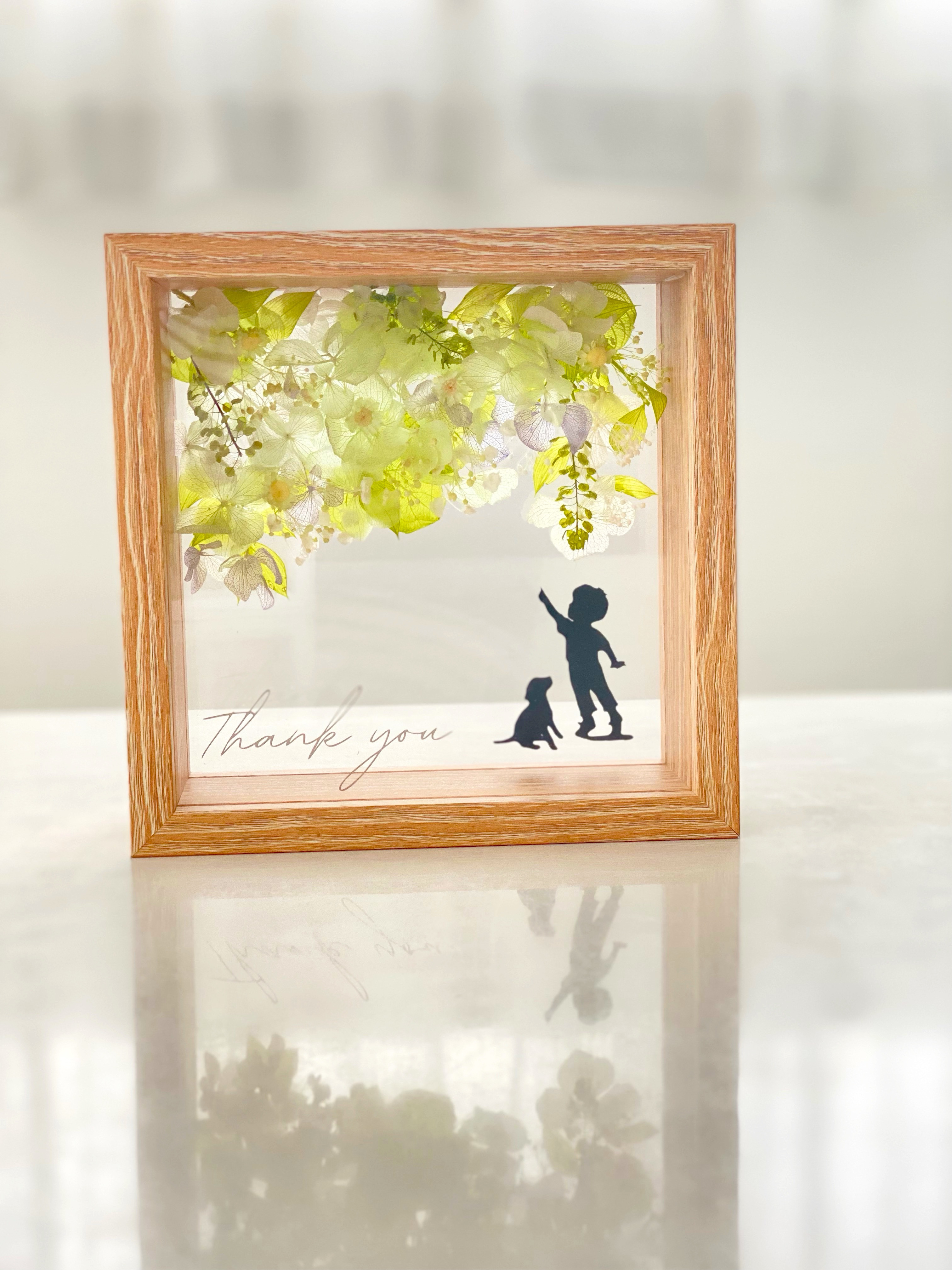 文字入れ　名入れ　犬　猫　プリザーブドフラワー　フレームボックス　お祝い　ギフト　ペット　グリーン　夏