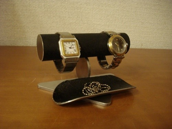 時計スタンド　ウォッチスタンド　腕時計スタンド 手作り　　ブラック2本掛けロングトレイバージョン　No.130403 1枚目の画像