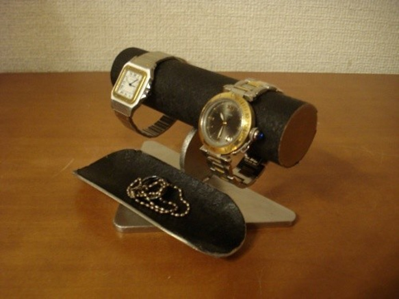 時計スタンド　ウォッチスタンド　腕時計スタンド 手作り　　ブラック2本掛けロングトレイバージョン　No.130403 5枚目の画像