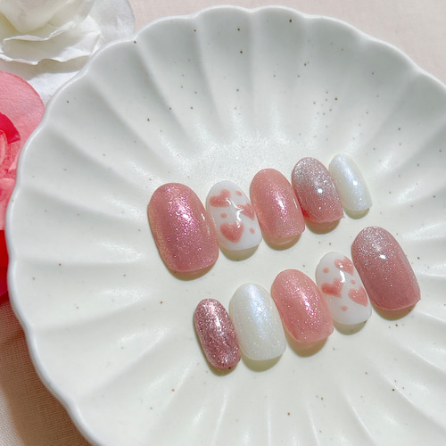 ネイルチップ サイズオーダー ピンクネイル ハートネイル ちゅるん  