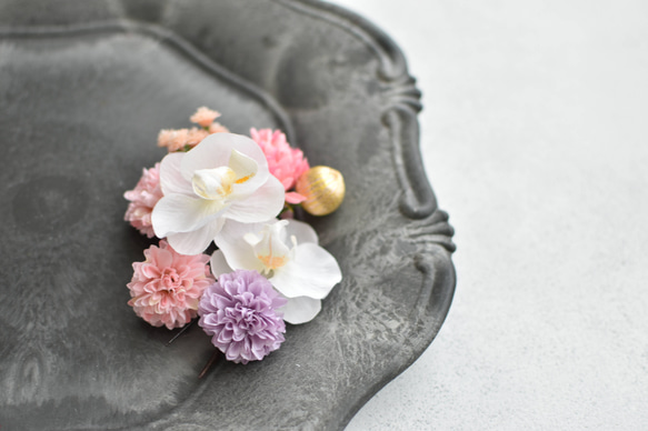 こども和装　優しい色合いデンファレの髪飾り　子供　ヘッドアクセ　七五三　袴　着物 6枚目の画像
