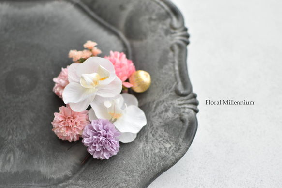 こども和装　優しい色合いデンファレの髪飾り　子供　ヘッドアクセ　七五三　袴　着物 4枚目の画像