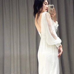 エレガント　高級サテン　マーメイドドレス　深めｖネック　くるみボタン　ロングトレーン　上品透け袖　お呼ばれ/結婚式二次会 3枚目の画像
