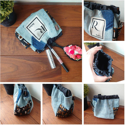 USEDデニム×ビンテージエプロン×本革リメイク 巾着バッグ USED