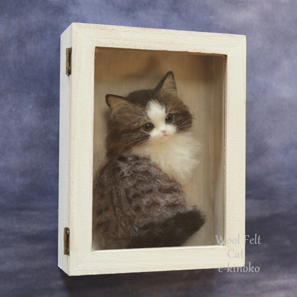 箱中ノ猫014 羊毛フェルト 壁掛け インテリア雑貨 置物 ノルウェージャン 猫 動物 3枚目の画像