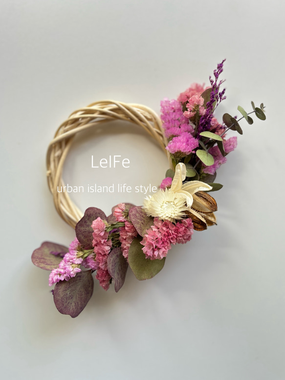 ユーカリとスターチスのリース ナチュラルピンク