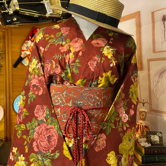 和洋折衷 浴衣 リメイク ワンピース ドレス 帯サッシュベルト レトロ 古着 和 モダンW-255 2枚目の画像
