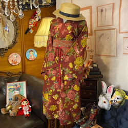 和洋折衷 浴衣 リメイク ワンピース ドレス 帯サッシュベルト レトロ 古着 和 モダンW-255 4枚目の画像