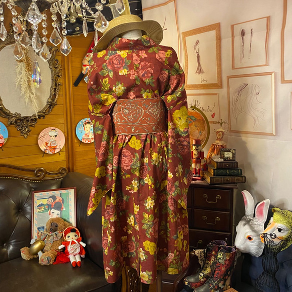和洋折衷 浴衣 リメイク ワンピース ドレス 帯サッシュベルト レトロ 古着 和 モダンW-255 5枚目の画像