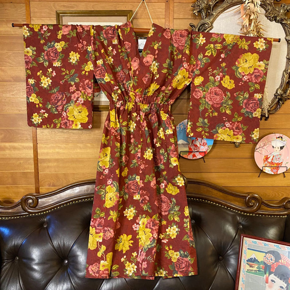 和洋折衷 浴衣 リメイク ワンピース ドレス 帯サッシュベルト レトロ 古着 和 モダンW-255 6枚目の画像