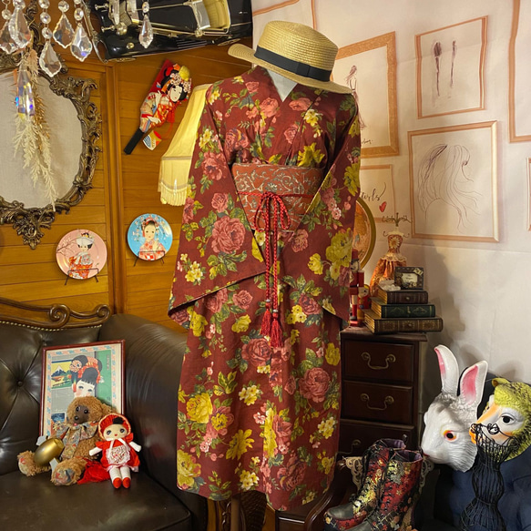 和洋折衷 浴衣 リメイク ワンピース ドレス 帯サッシュベルト レトロ 古着 和 モダンW-255 3枚目の画像