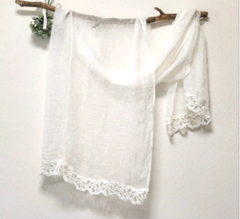 ★リネンの ストール広巾   モチーフレース付き     ★母の日プレゼント無料ラッピング