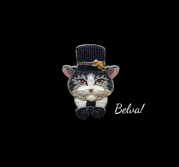 ビーズ刺繍のブローチ　-紳士的なネコ-cat 2枚目の画像
