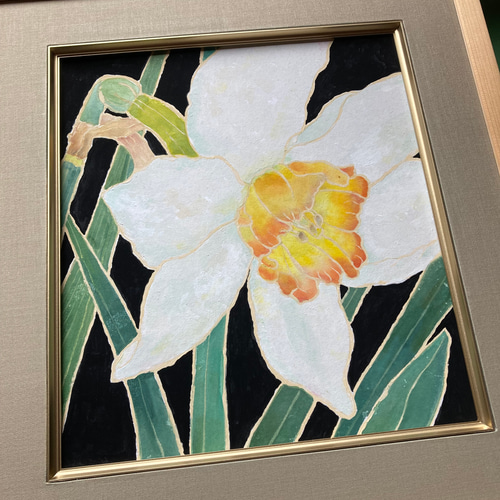 水彩画原画水仙とパンジー春のガーデン 中村千春 『水仙』 色紙絵 絵画 日本画 冬の花 メール便