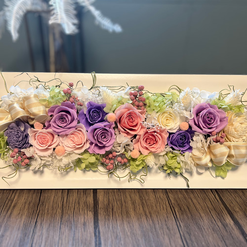 プリザーブドフレームアレンジ横長 パステルカラー 薔薇 「クリア