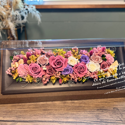プリザーブドフレームアレンジ横長 パステルカラー 薔薇 「クリア