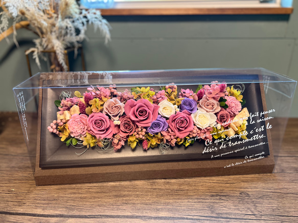 プリザーブドフレームアレンジ横長　パステルカラー　薔薇　「クリアケース入り」送料無料　ホワイトフレーム　ロング　40㎝ 10枚目の画像