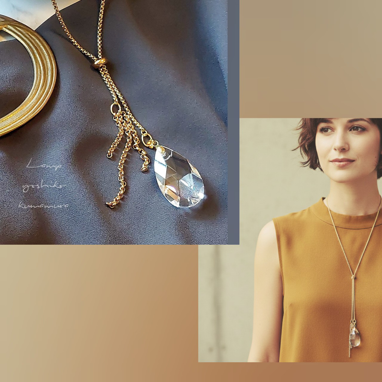 ティアドロップ クリスタル スライダー ネックレス ステンレス ゴールド *240418A