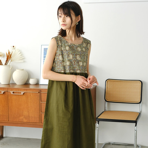 ウィリアムモリス 切り替えワンピース ハーフリネン 接触冷感 細  