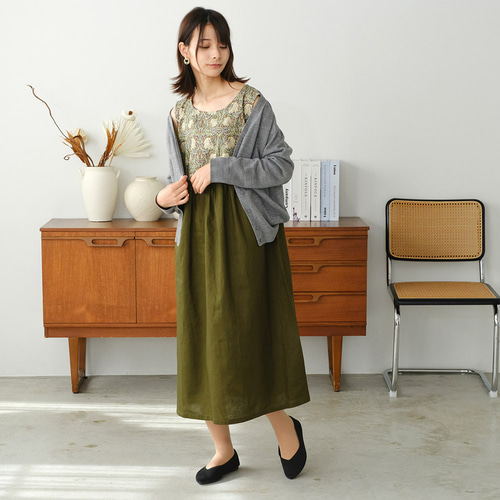 ウィリアムモリス 切り替えワンピース ハーフリネン 接触冷感 細  