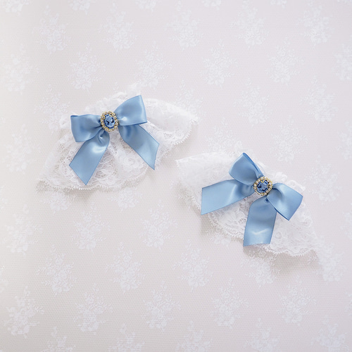 お袖留め 付け カフス カメオ オフ ホワイト レース ブルー