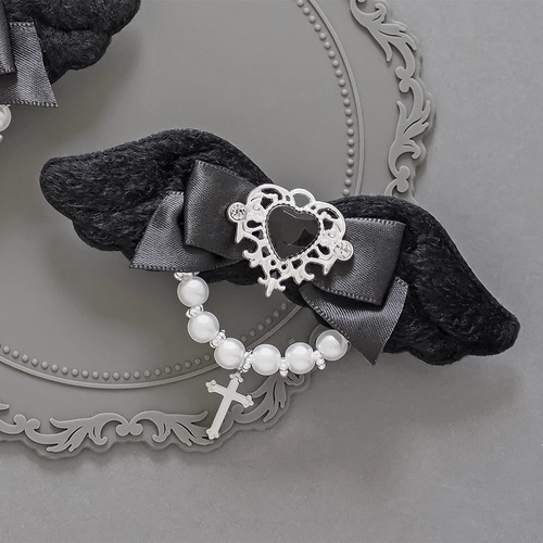 SALE♡handmade♡♡ふわふわリボンツインクリップ黒 ブラック ウイング 天使の羽 ヘアクリップ ヘアリボン 2個セット