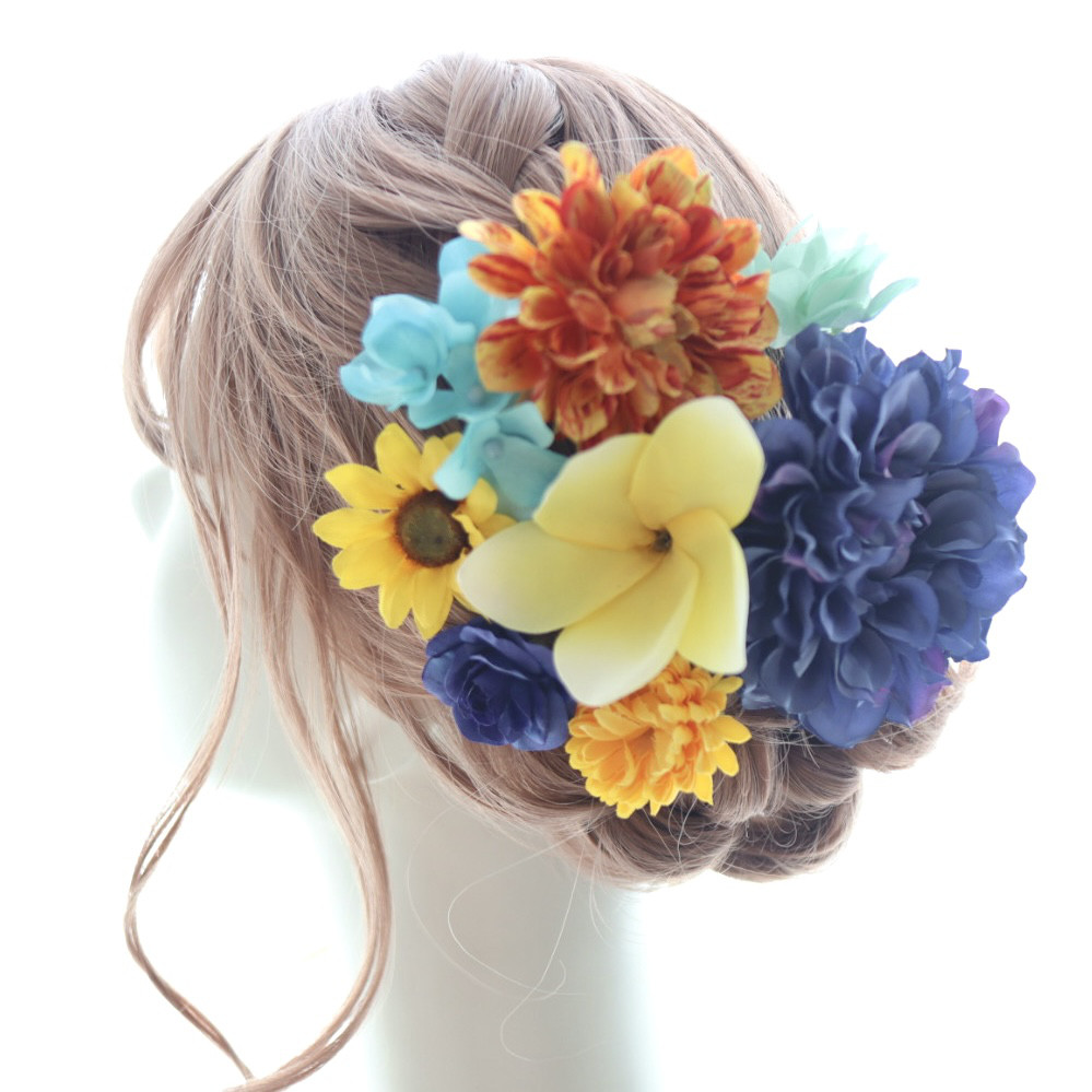 ヘッドドレス　ヒマワリ　プルメリア　ひまわり　向日葵　サムシングブルー　髪飾り　結婚式　ウェディング　ブライダル