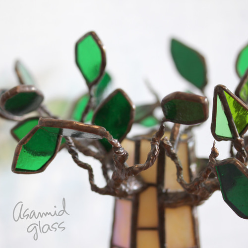 ステンドグラス バオバブの木 グリーンの葉っぱ ガラスのオブジェ