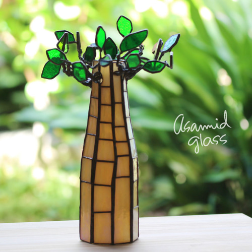 ステンドグラス バオバブの木 グリーンの葉っぱ ガラスのオブジェ