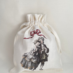 巾着袋Ｌサイズ　コットン　ロココ調ボーイ＆ガール 1枚目の画像