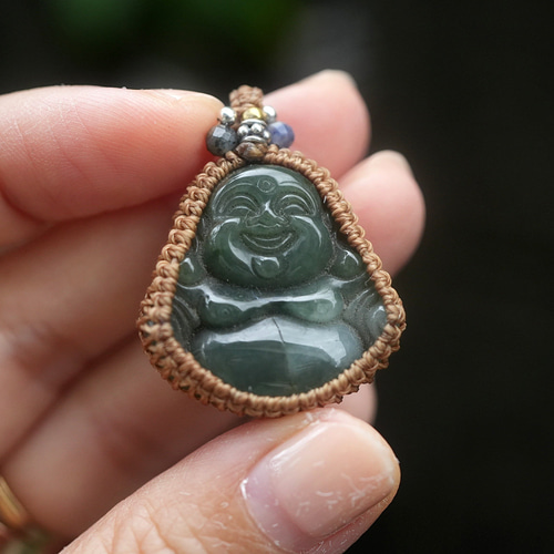 Happy Buddha ヒスイ原石カービングシルバーリング 翡翠原石 仏陀