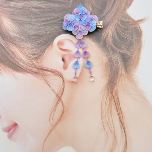 紫陽花の姫髪飾り♡ゆらゆら下がり付き 手染めシルク /かんざし 夏祭り  