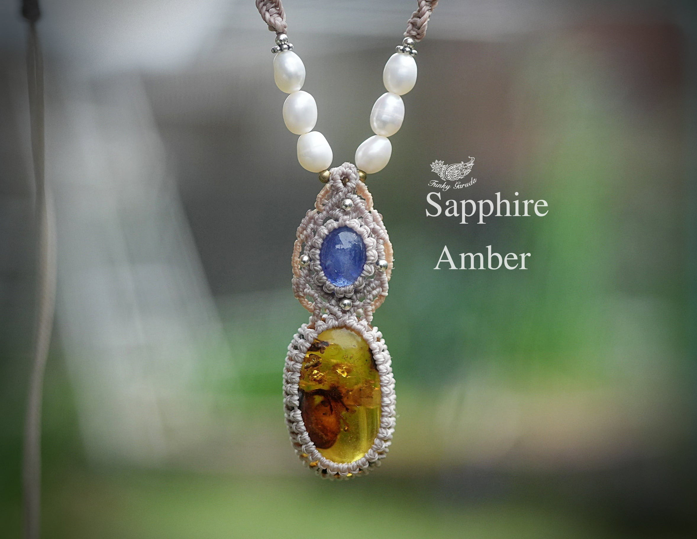 古代の奇跡とサファイア★アンバー マクラメネックレス1582 16,660円