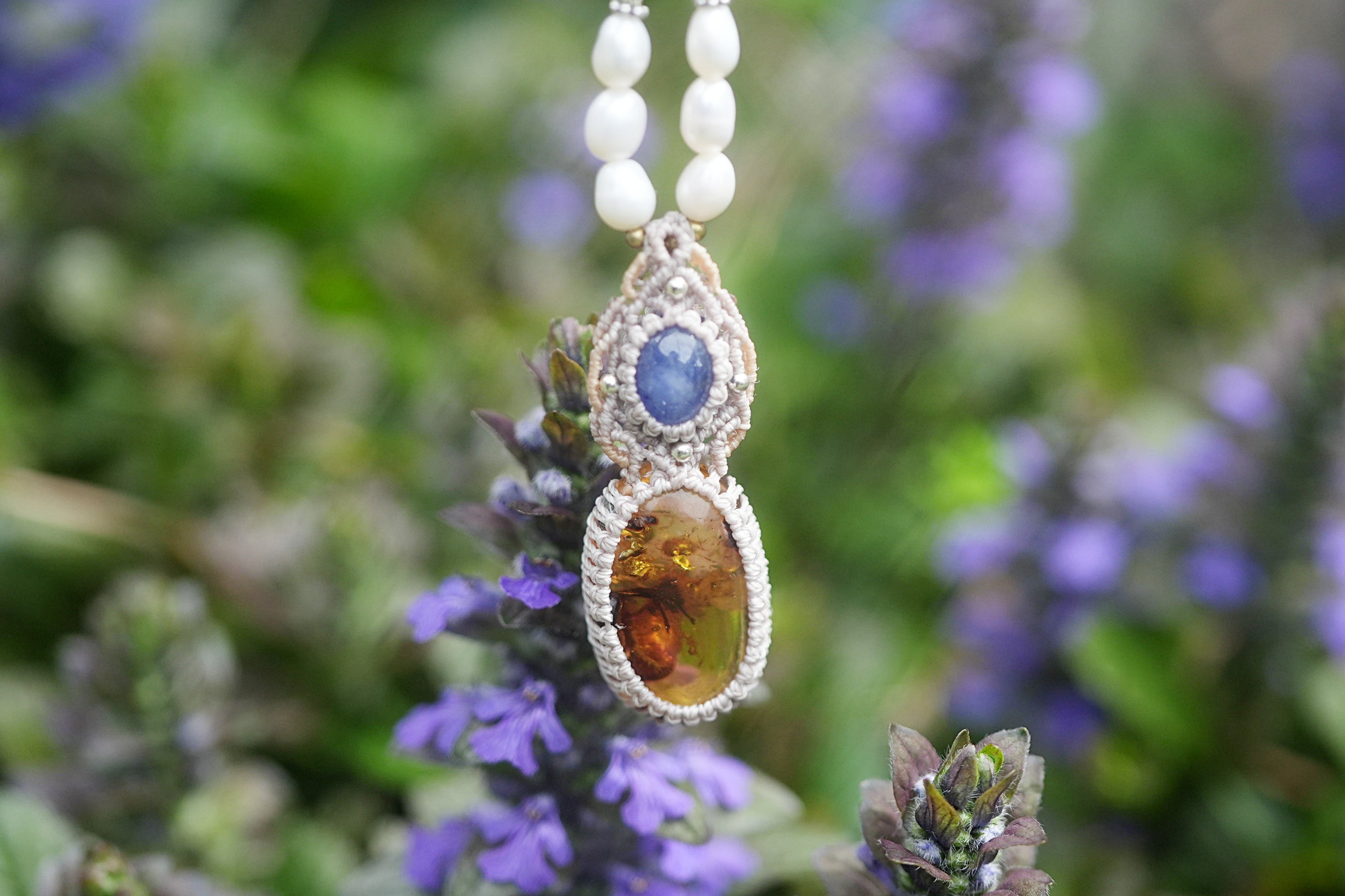 古代の奇跡とサファイア★アンバー マクラメネックレス1582