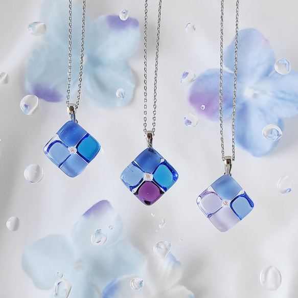 紫陽花』ガラス ネックレス square flower series ネックレス