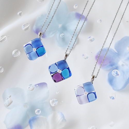 紫陽花』ガラス ネックレス square flower series ネックレス