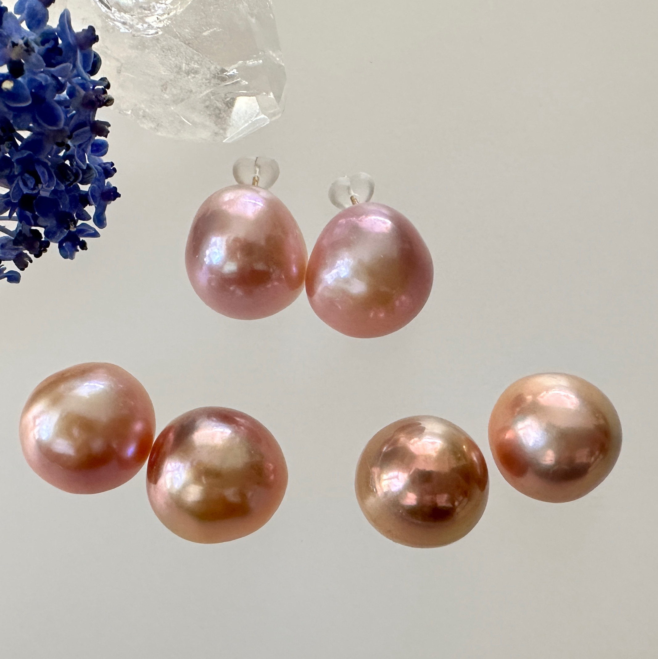 一点もの　ナチュラルカラー　ピンク　オレンジ　メタリック　紫陽花　ピアス　イヤリング