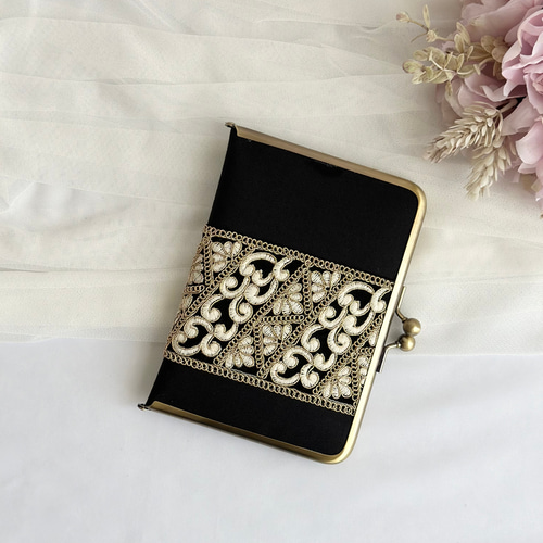 スケジュール帳ケース がま口 手帳カバー インド刺繍リボン A6判