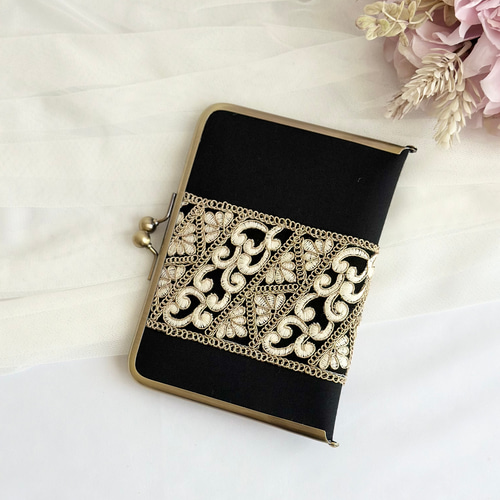 スケジュール帳ケース がま口 手帳カバー インド刺繍リボン A6判